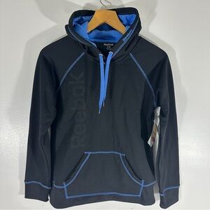 Reebok Women’s Hoodie Black Blue Trim Kangaroo Front Pocket Pullover Medium